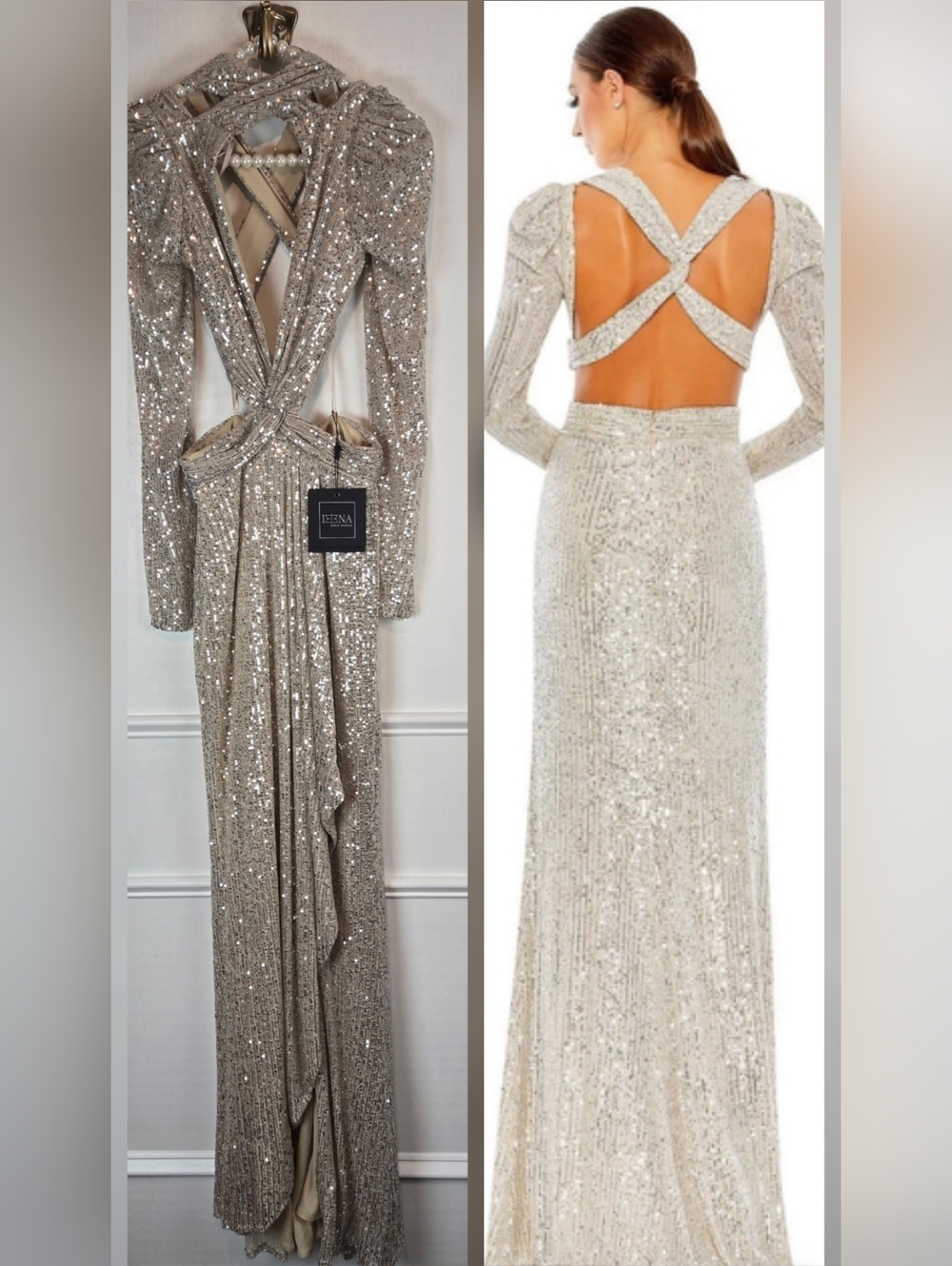 ​NWT Mac Duggal Ieena Sequin Cut-Out Gown Silver Nude Long Sleeve Maxi Size 2